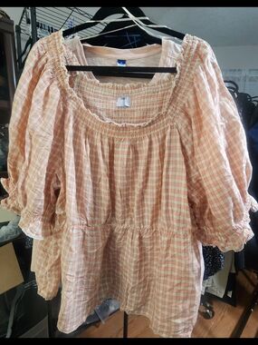 OLD NAVY Plus Size Peach Plaid Smocked Peasant Blouse